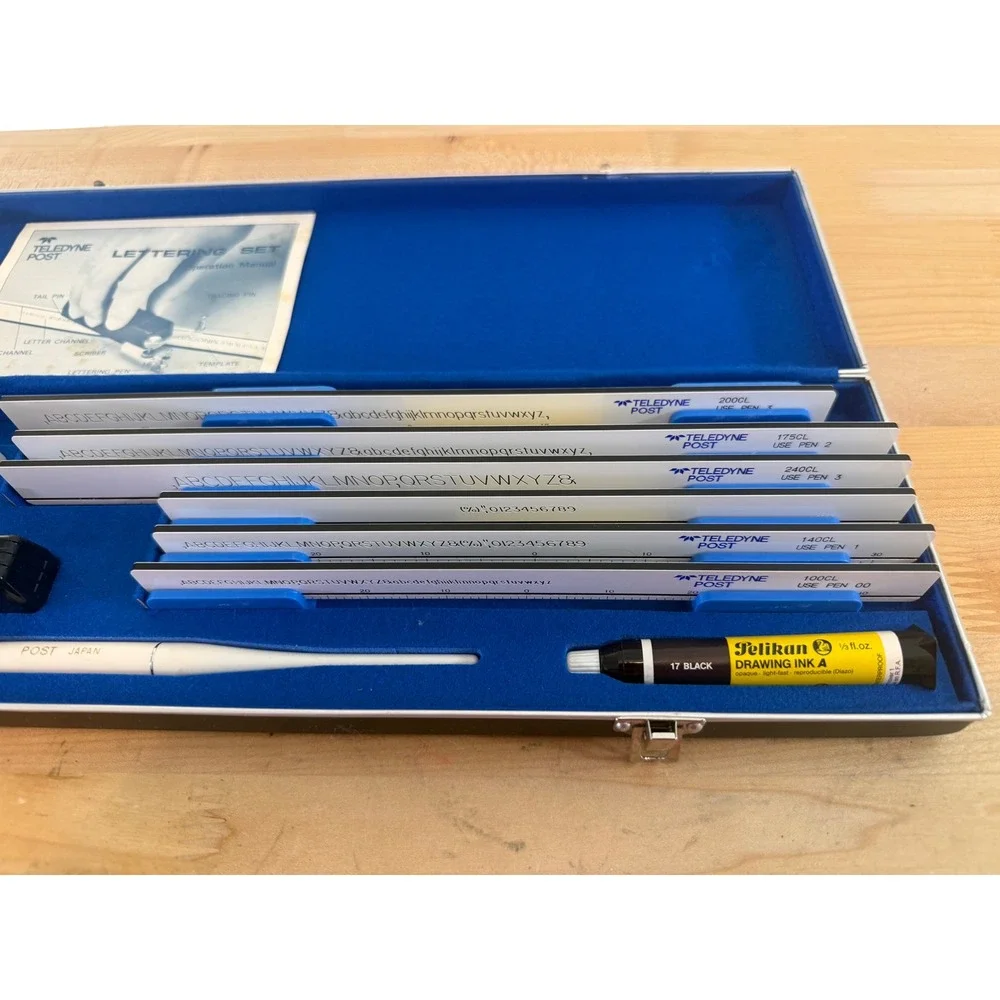Vintage Teledyne Post Lettering Set Drafting Kit Scriber Templates Case Pelikan